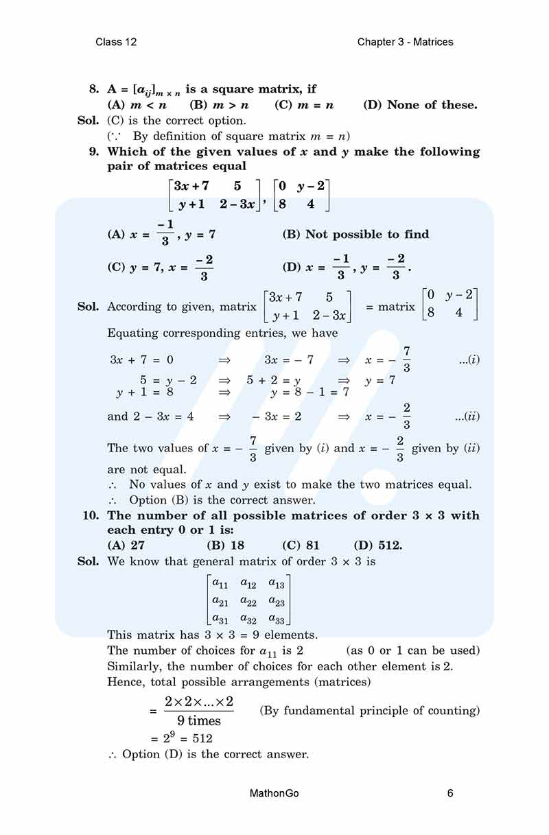NCERT Solutions for Class 12 Maths Chapter 3 Matrices MathonGo