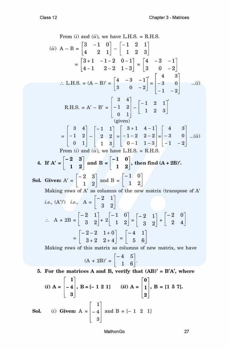 NCERT Solutions for Class 12 Maths Chapter 3 – Matrices – MathonGo