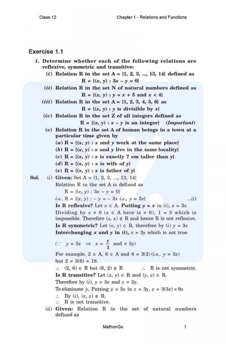 NCERT Solutions For Class 12 Maths Chapter 1 Relations And Functions 