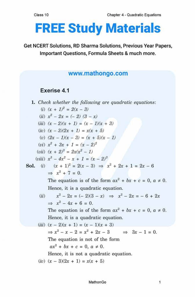 NCERT Solutions For Class 10 Maths Chapter 4 Exercise 4 1 MathonGo