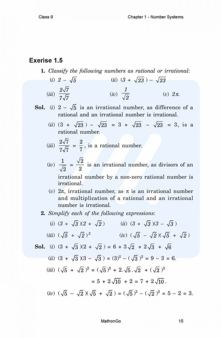NCERT Solutions for Class 9 Maths Chapter 1 – Number Systems – MathonGo