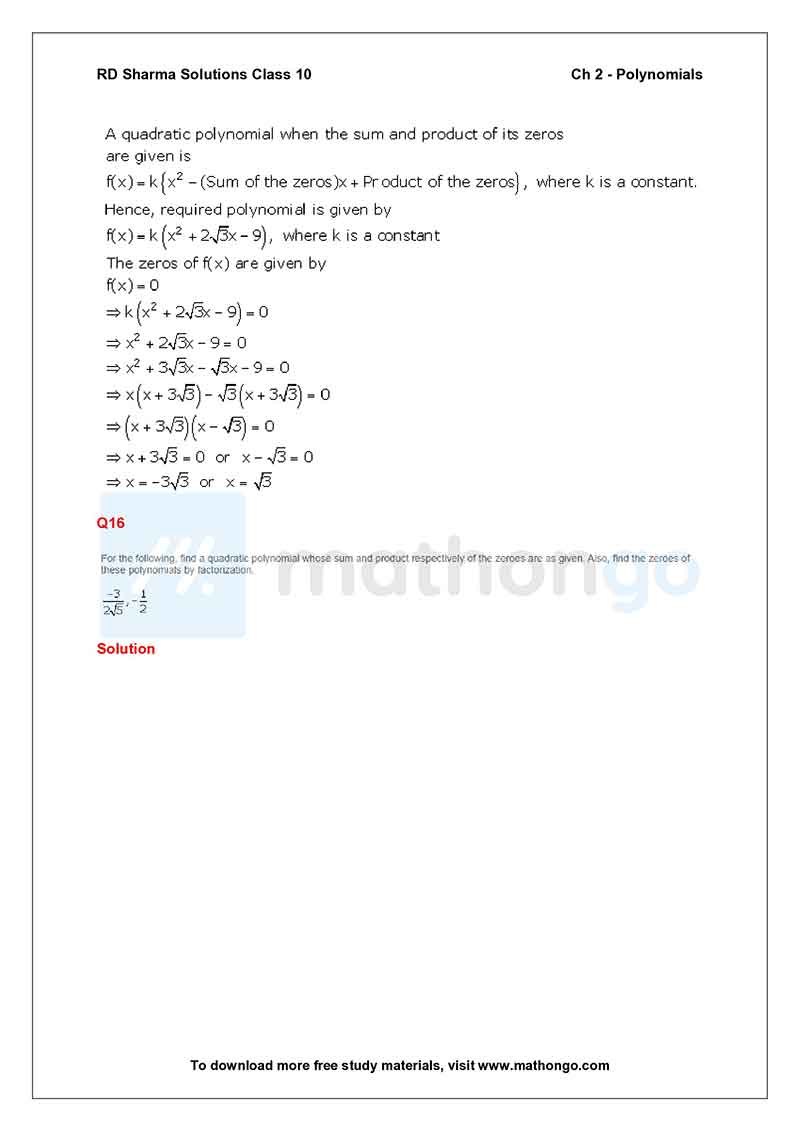 Rd Sharma Class 10 Solutions Polynomials