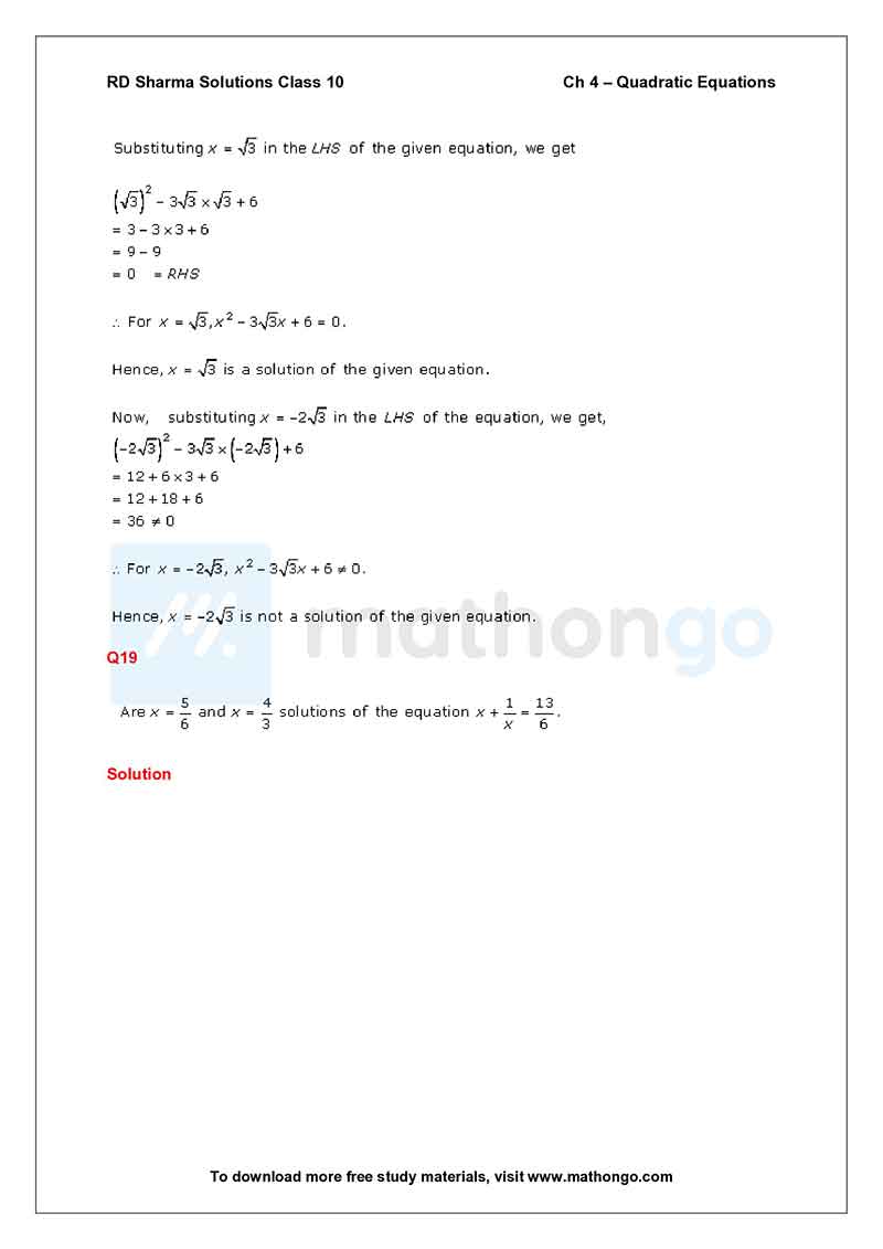 Rd Sharma Class 10 Solutions Chapter 4 Quadratic Equations Mathongo Rd Sharma Class 10 Solutions Chapter 4 Quadratic Equations Mathongo