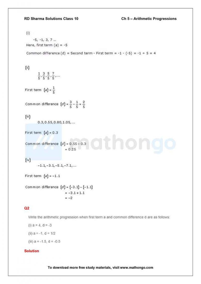 RD Sharma Class 10 Solutions Chapter 5 – Arithmetic Progressions – MathonGo