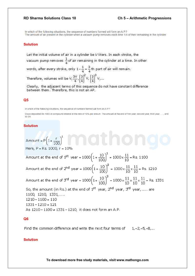 RD Sharma Class 10 Solutions Chapter 5 – Arithmetic Progressions – MathonGo