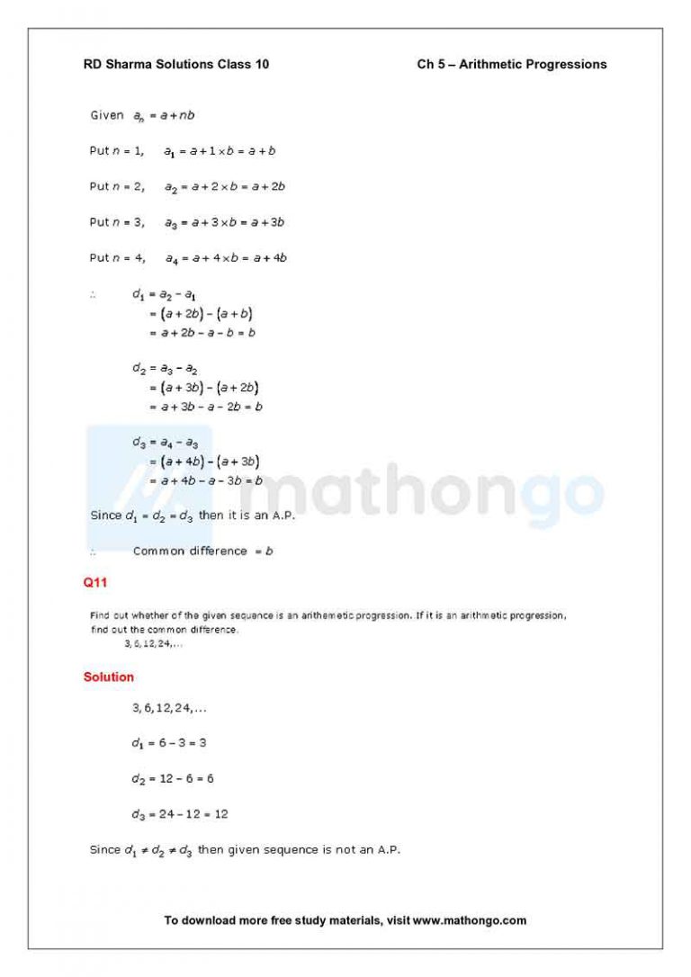 RD Sharma Class 10 Solutions Chapter 5 – Arithmetic Progressions – MathonGo
