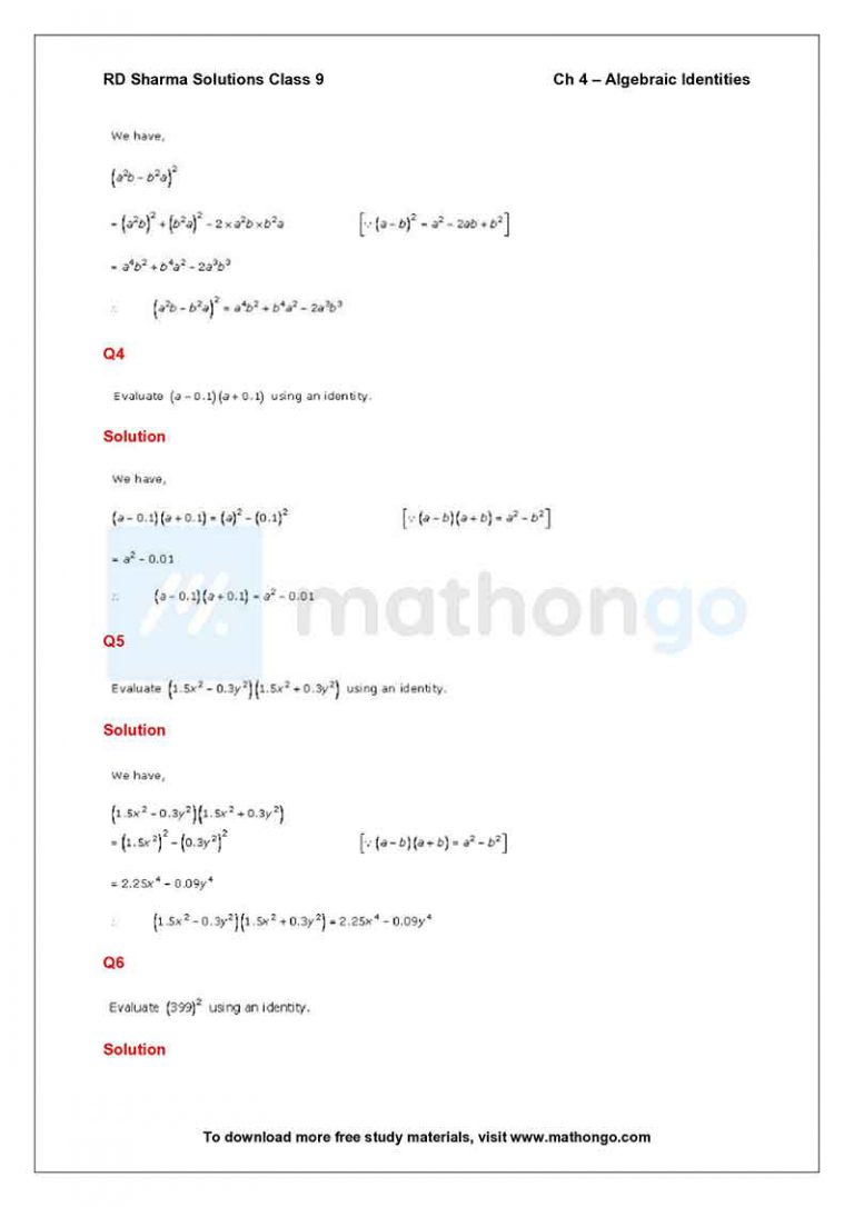 RD Sharma Class 9 Solutions Chapter 4 – Algebraic Identities – MathonGo