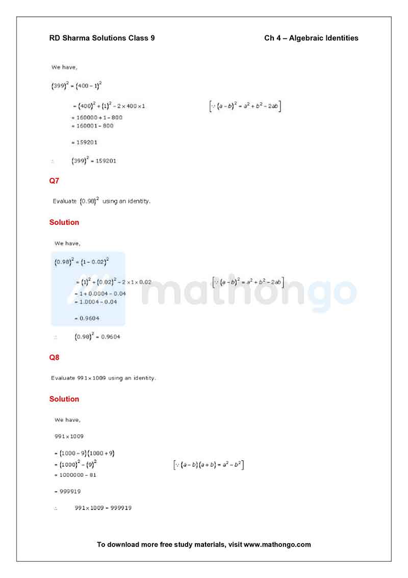 RD Sharma Class 9 Solutions Chapter 4 – Algebraic Identities – MathonGo