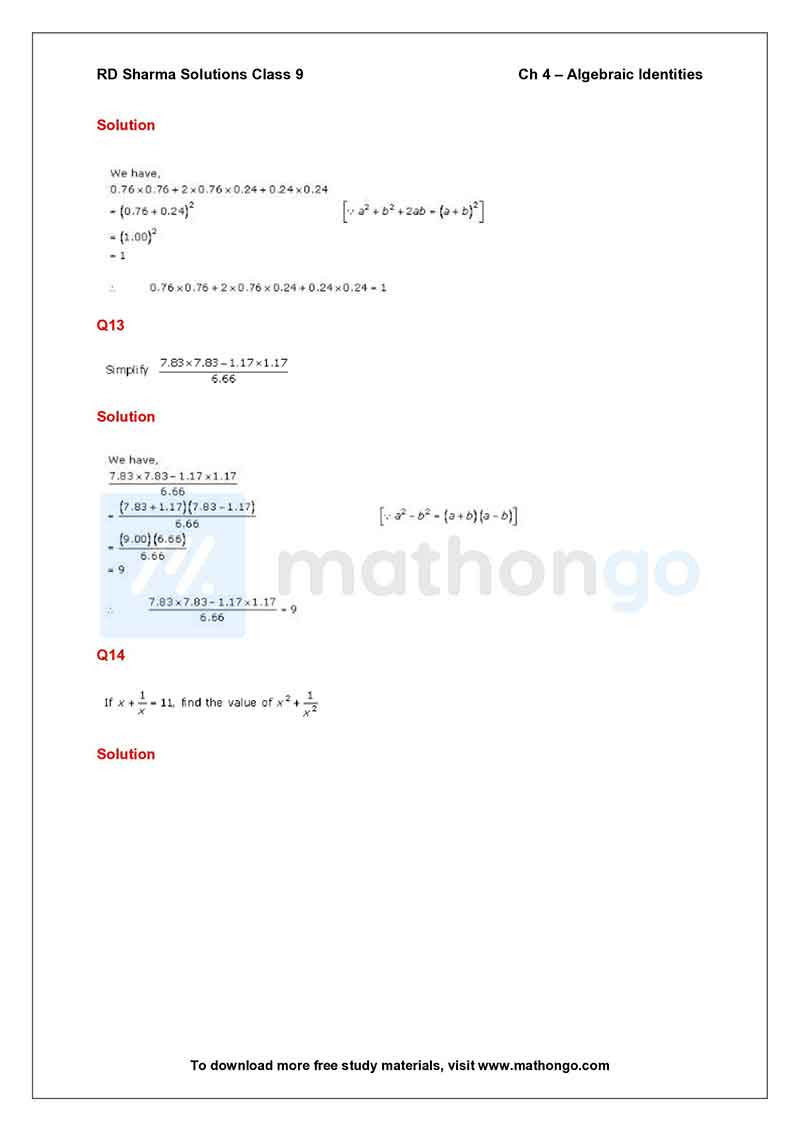 RD Sharma Class 9 Solutions Chapter 4 – Algebraic Identities – MathonGo