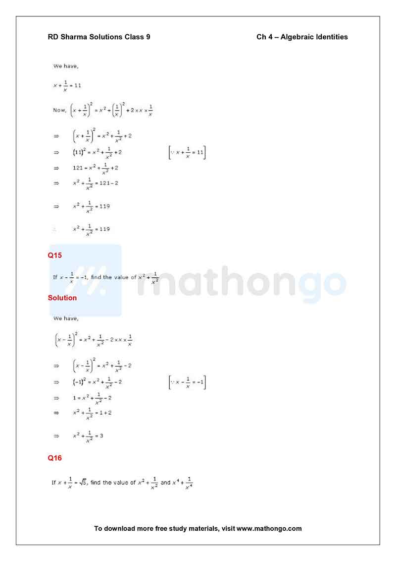 RD Sharma Class 9 Solutions Chapter 4 – Algebraic Identities – MathonGo