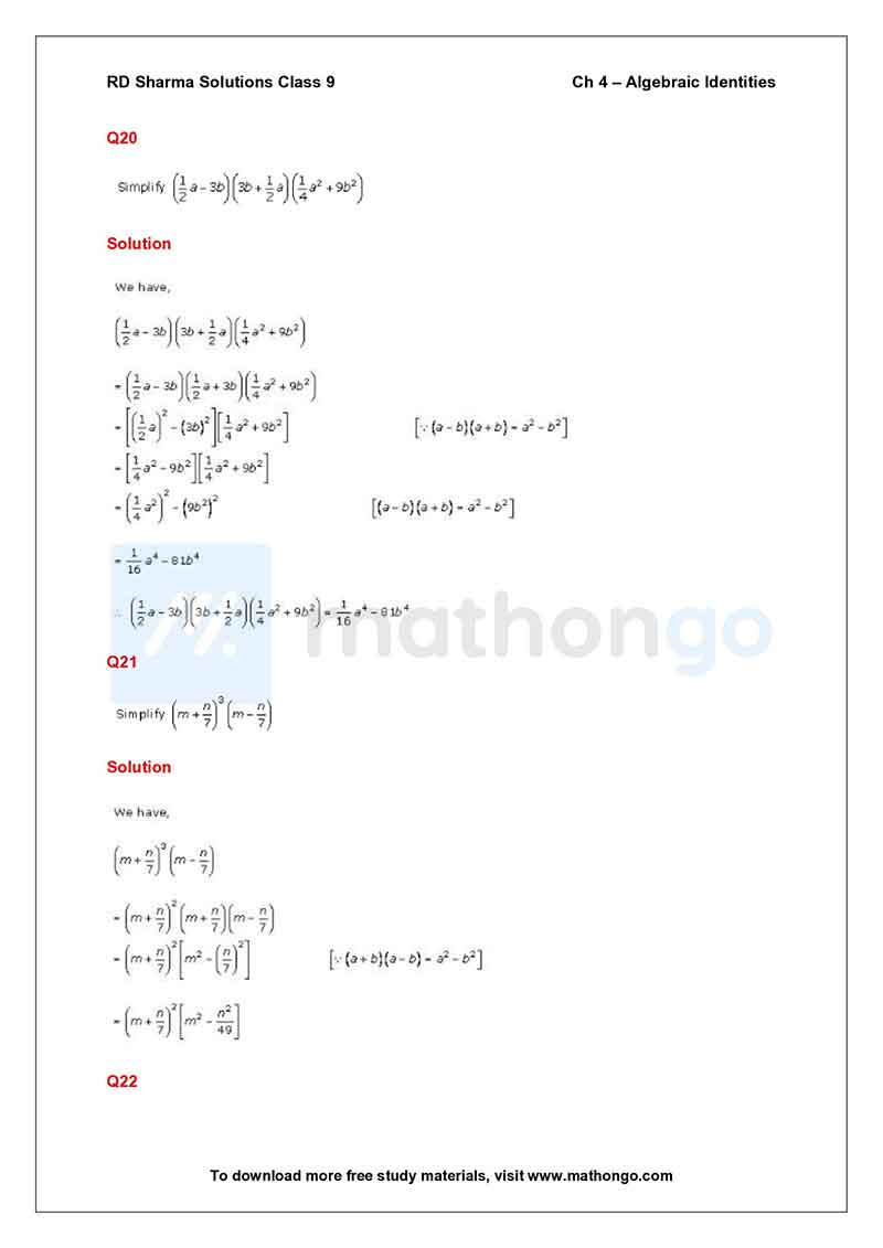RD Sharma Class 9 Solutions Chapter 4 – Algebraic Identities – MathonGo