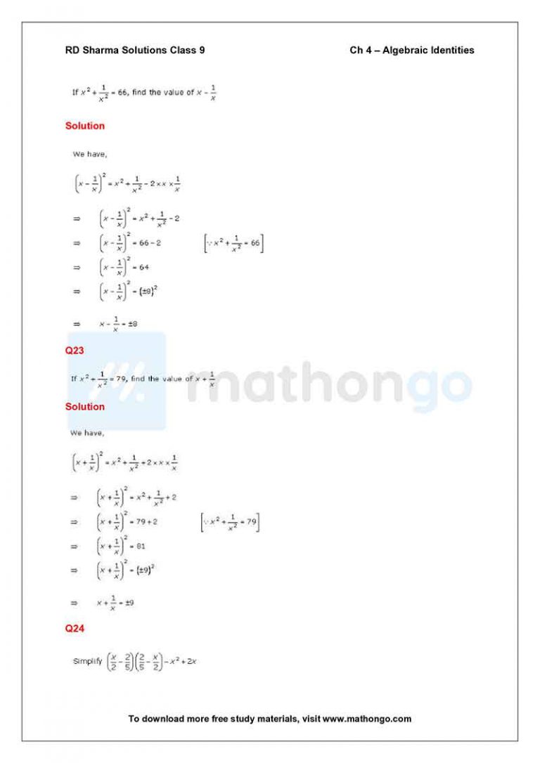 RD Sharma Class 9 Solutions Chapter 4 – Algebraic Identities – MathonGo