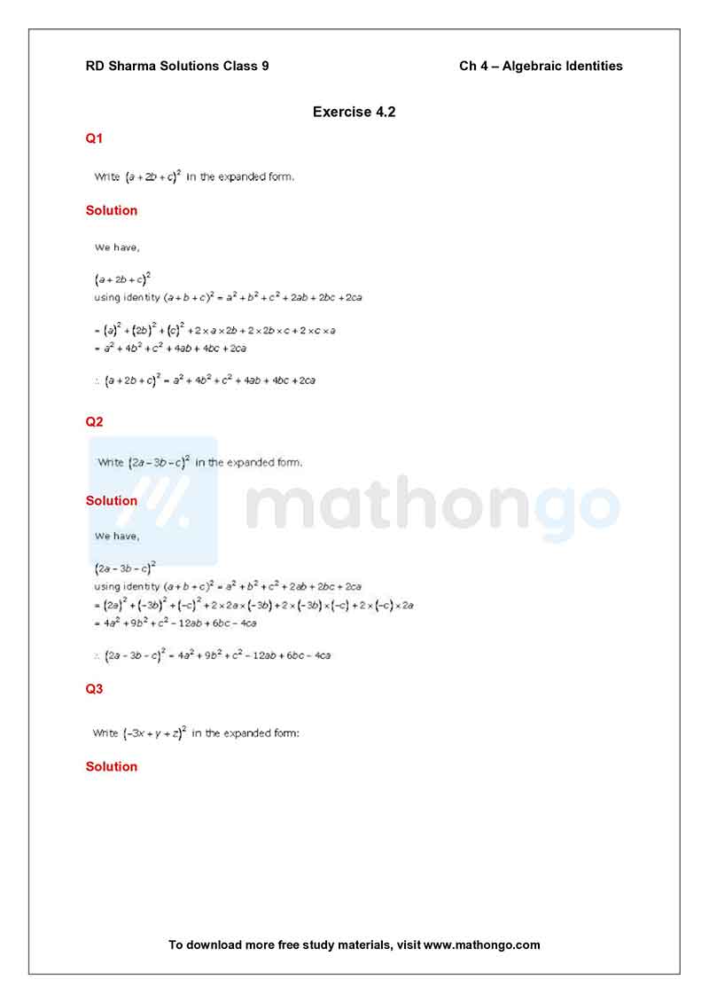 RD Sharma Class 9 Solutions Chapter 4 – Algebraic Identities – MathonGo