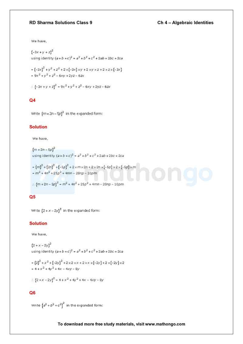 RD Sharma Class 9 Solutions Chapter 4 – Algebraic Identities – MathonGo