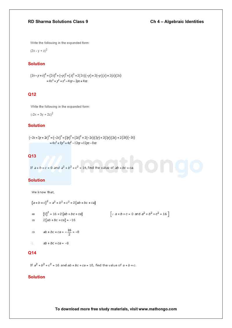RD Sharma Class 9 Solutions Chapter 4 – Algebraic Identities – MathonGo