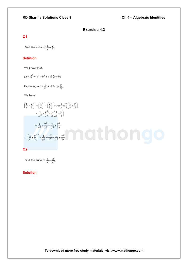 RD Sharma Class 9 Solutions Chapter 4 – Algebraic Identities – MathonGo