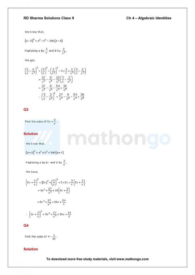 RD Sharma Class 9 Solutions Chapter 4 – Algebraic Identities – MathonGo