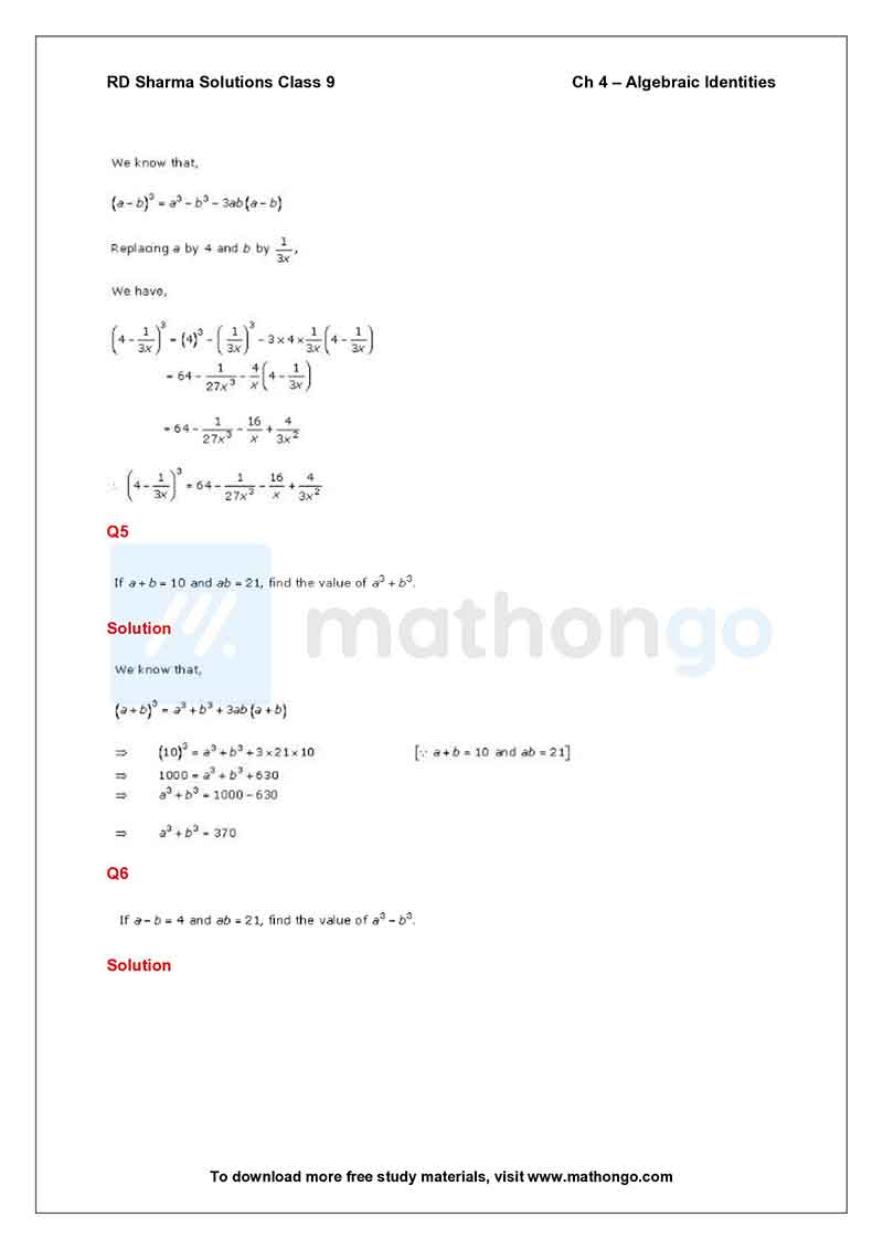 RD Sharma Class 9 Solutions Chapter 4 – Algebraic Identities – MathonGo