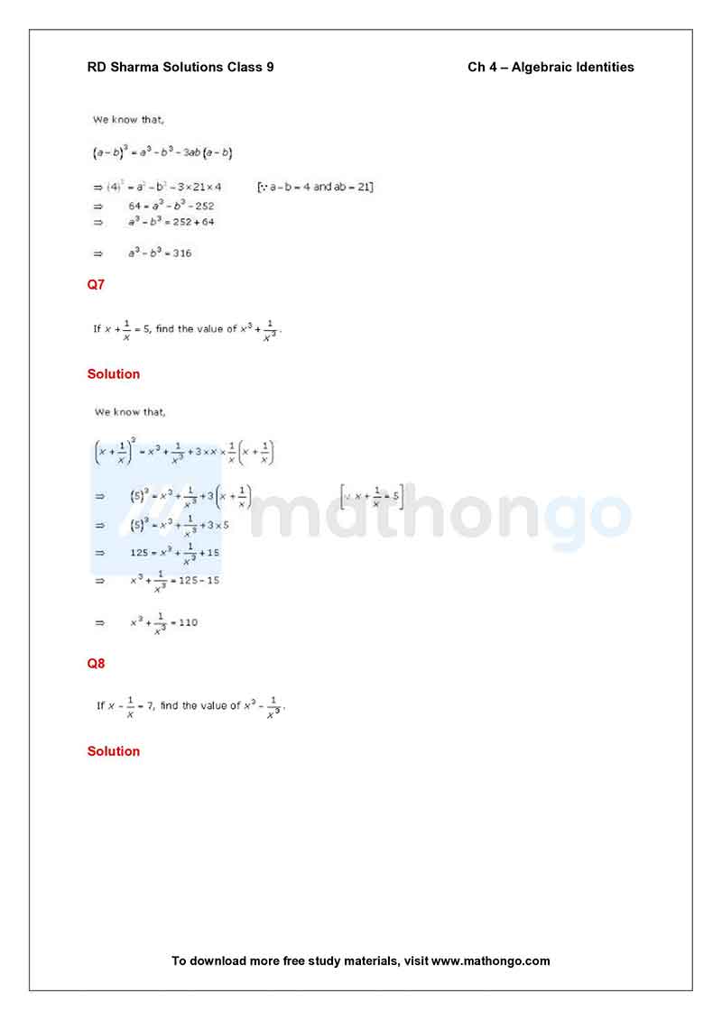 RD Sharma Class 9 Solutions Chapter 4 – Algebraic Identities – MathonGo