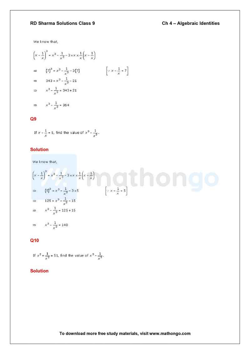 RD Sharma Class 9 Solutions Chapter 4 – Algebraic Identities – MathonGo