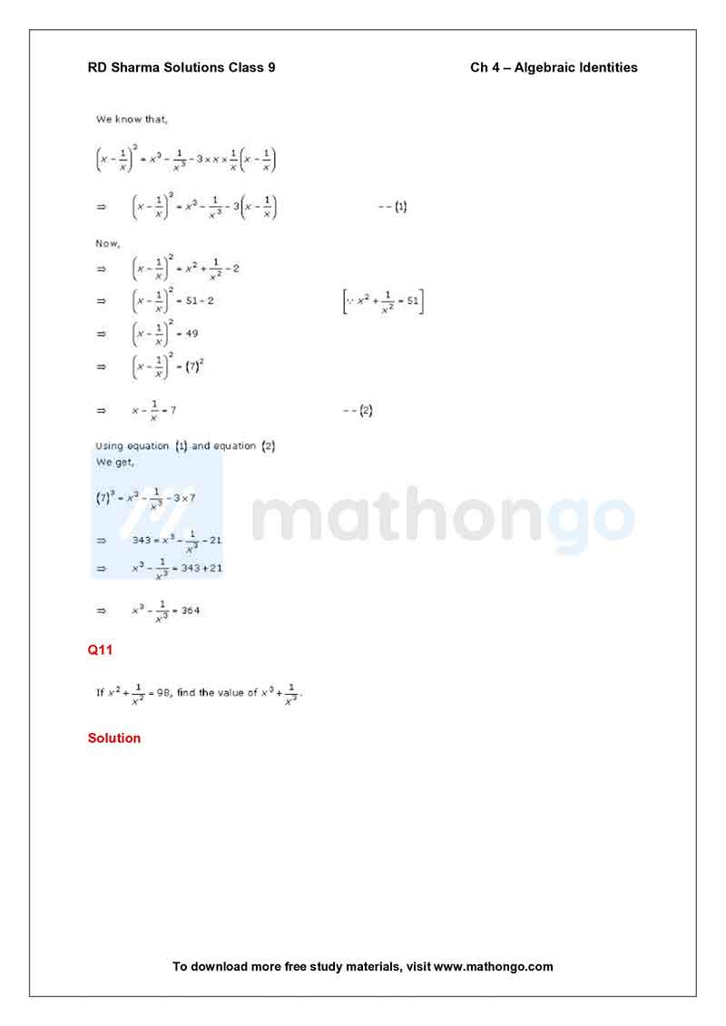 RD Sharma Class 9 Solutions Chapter 4 – Algebraic Identities – MathonGo