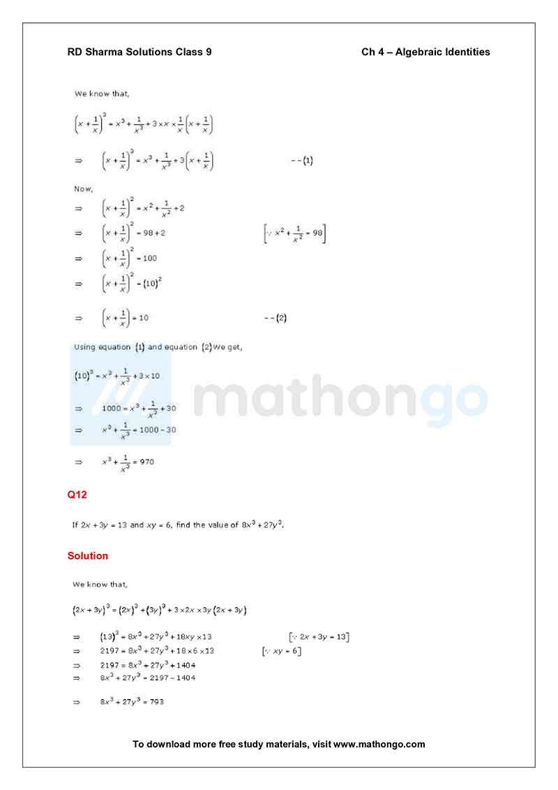 RD Sharma Class 9 Solutions Chapter 4 – Algebraic Identities – MathonGo