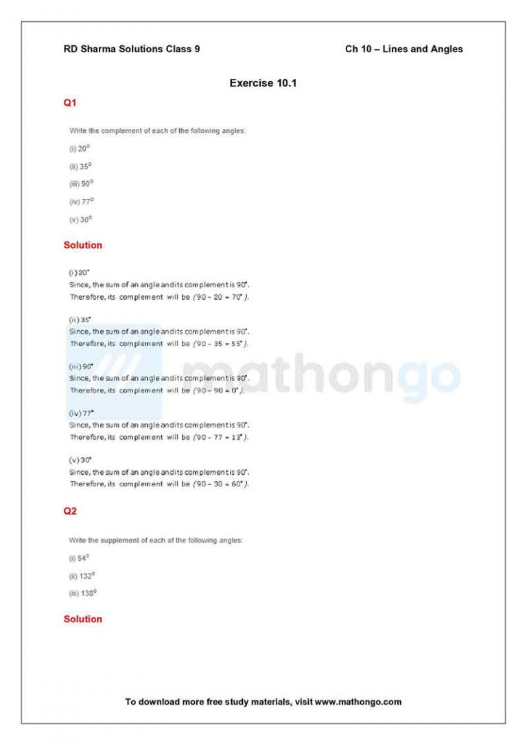RD Sharma Class 9 Solutions Chapter 10 – Lines and Angles – MathonGo