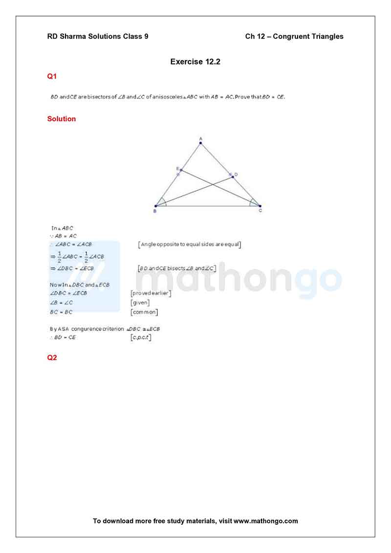 RD Sharma Class 9 Solutions Chapter 12 Congruent Triangles MathonGo