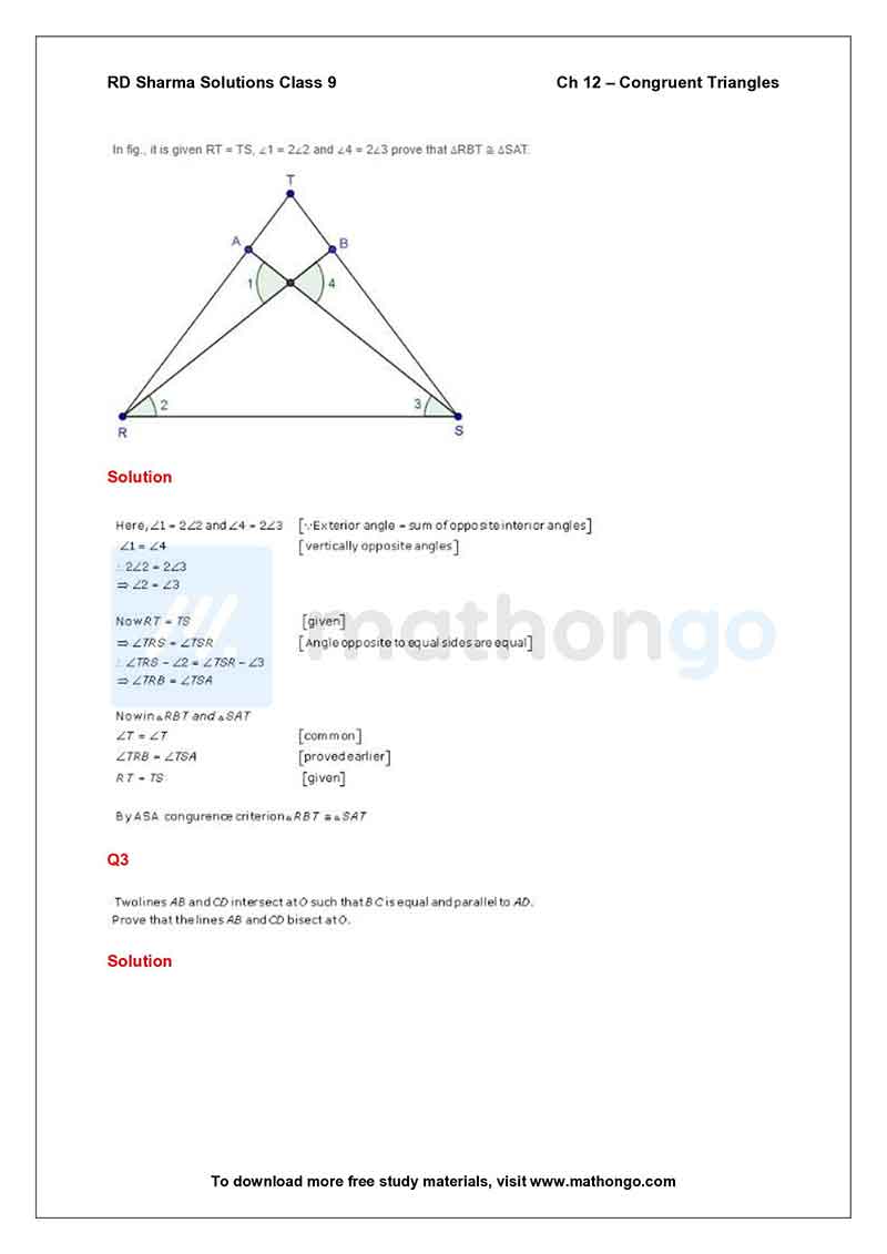 RD Sharma Class 9 Solutions Chapter 12 Congruent Triangles MathonGo