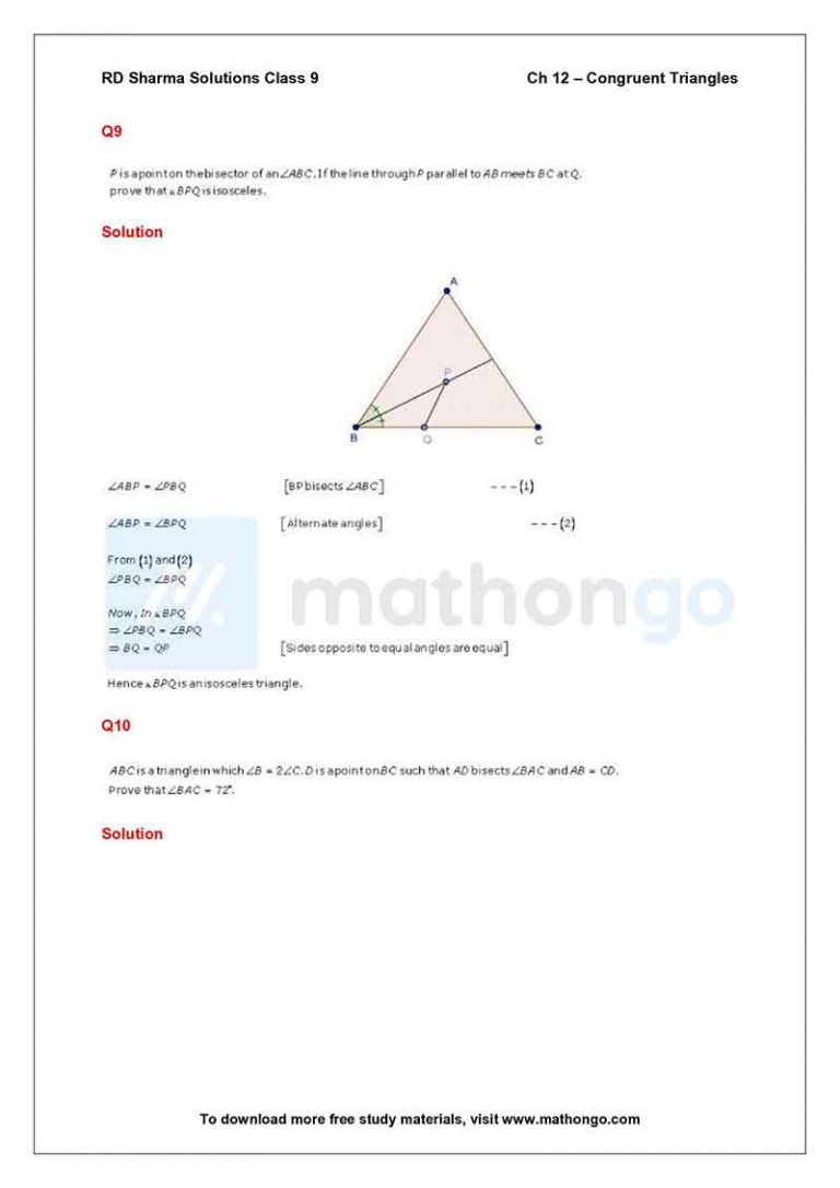 RD Sharma Class 9 Solutions Chapter 12 Congruent Triangles MathonGo