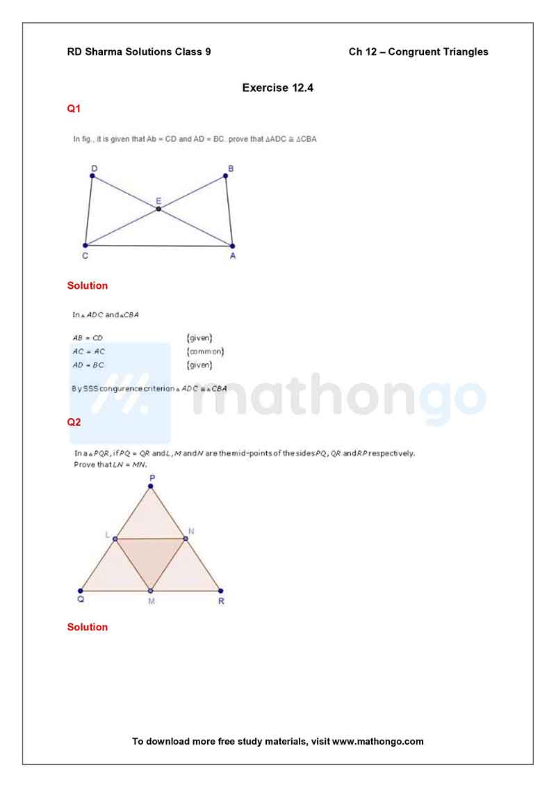 RD Sharma Class 9 Solutions Chapter 12 Congruent Triangles MathonGo