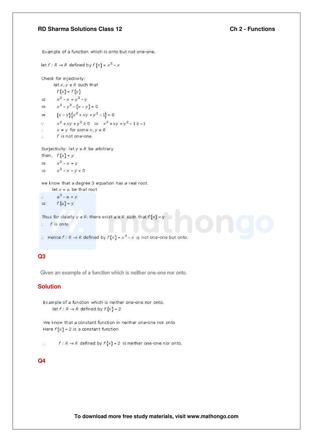 RD Sharma Class 12 Maths Solutions Chapter 2 – Functions – MathonGo