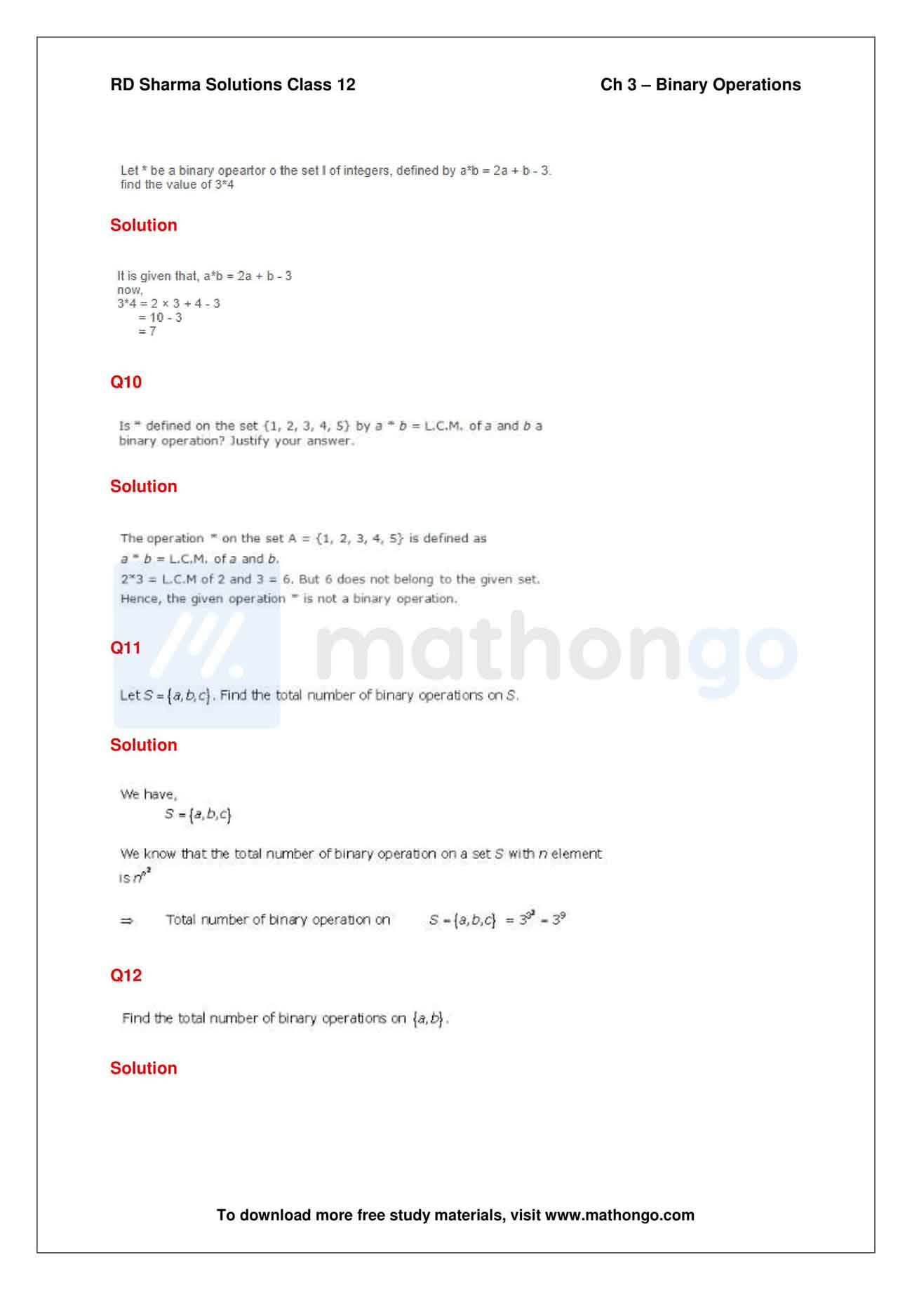 RD Sharma Class 12 Maths Solutions Chapter 3 – Binary Operations – MathonGo